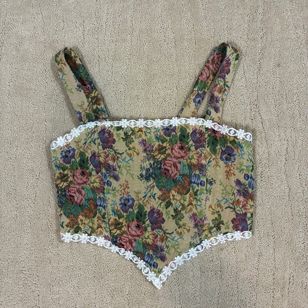 Floral Tapestry Romantic Renaissance Smocked Back Corset Top Women M Whimsigoth